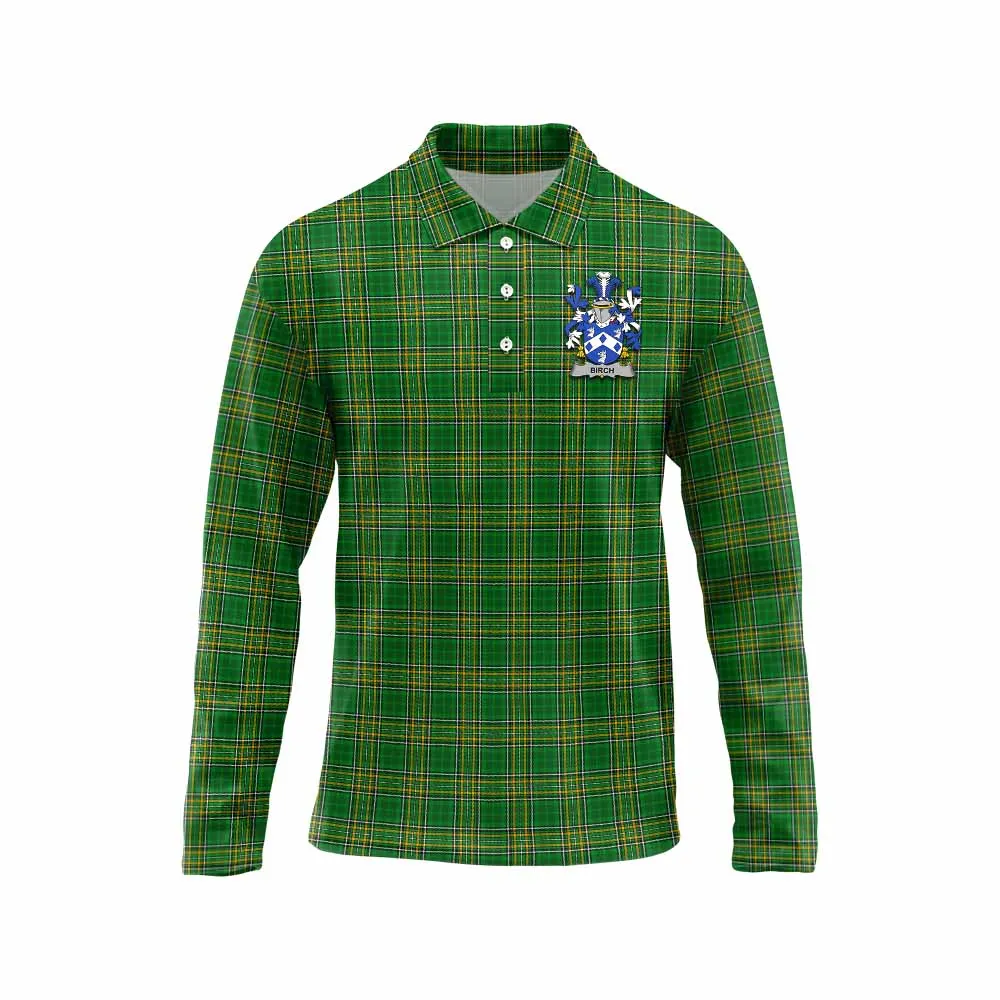 Birch Irish Clan Tartan Long Sleeve Polo Shirt with Coat of Arms