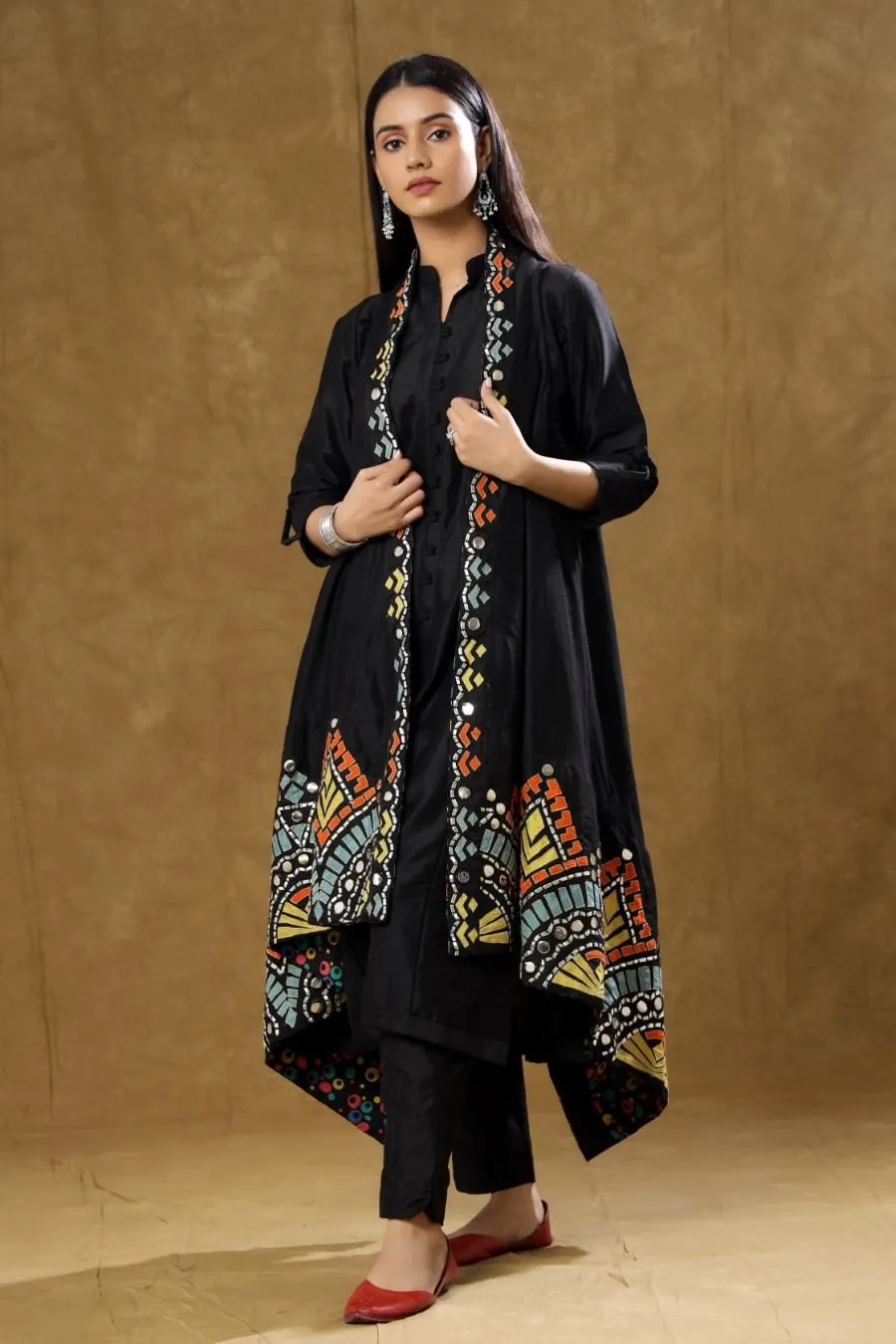 Black Dola Silk Kurta Pant And Jacket Set