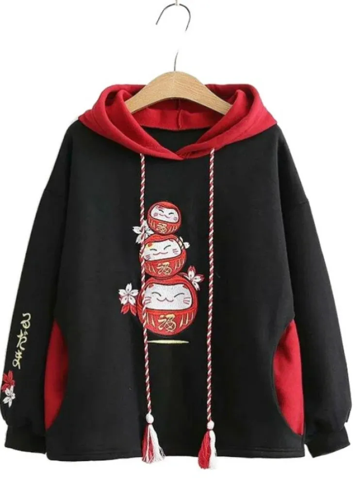 Black Fleece Hooded Sweatshirt Harajuku Chinese Embroidery Oversize Pullover Hoodies Women Winter Sweet Style Female Top