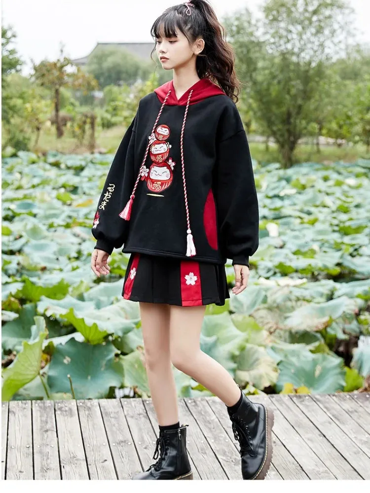 Black Fleece Hooded Sweatshirt Harajuku Chinese Embroidery Oversize Pullover Hoodies Women Winter Sweet Style Female Top