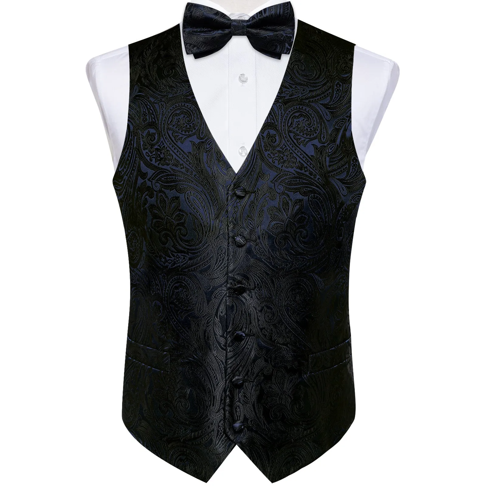 Black Paisley Jacquard Silk Men Vest Necktie Bow Tie Handkerchief Cufflinks Set