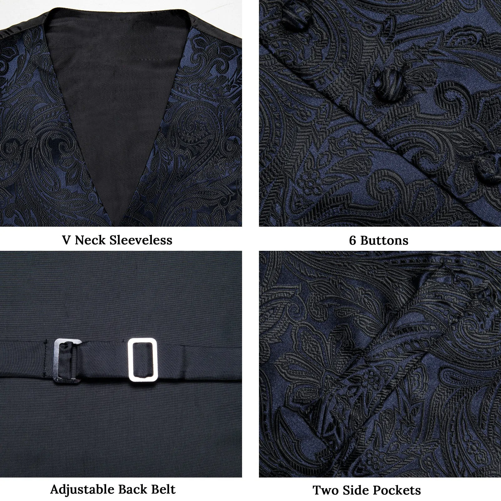 Black Paisley Jacquard Silk Men Vest Necktie Bow Tie Handkerchief Cufflinks Set