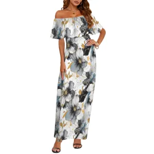 Black White and Gold Women's Off Shoulder Ruffle Boat Neck Dress (Model D71)