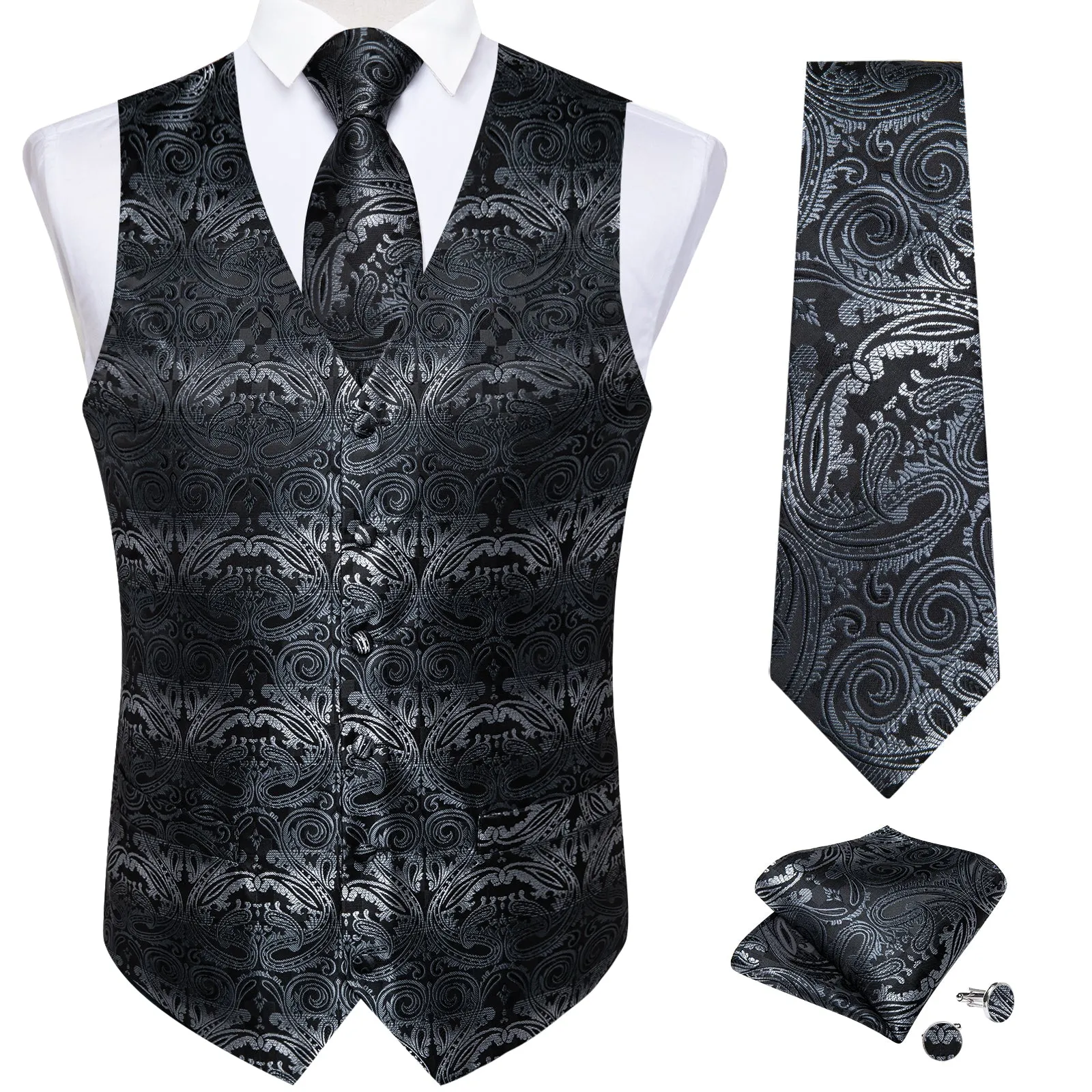 Black White Gradient Paisley Jacquard Silk Men's Vest Hanky Cufflinks Tie Set