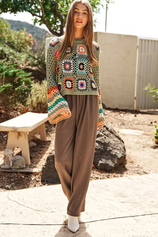 Bohemian Floral Crochet Striped Sleeve Cropped Knit Sweater