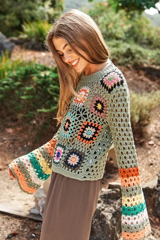 Bohemian Floral Crochet Striped Sleeve Cropped Knit Sweater