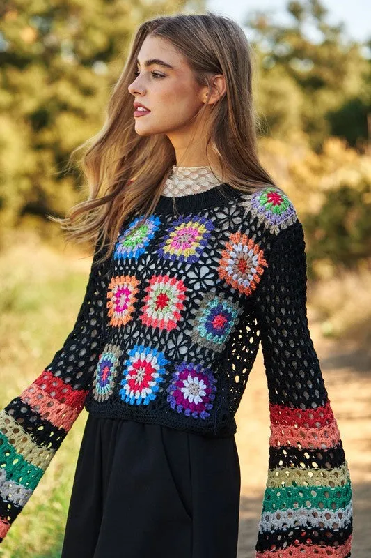 Bohemian Floral Crochet Striped Sleeve Cropped Knit Sweater