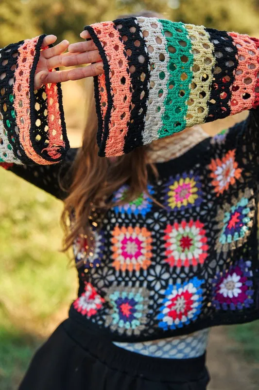 Bohemian Floral Crochet Striped Sleeve Cropped Knit Sweater