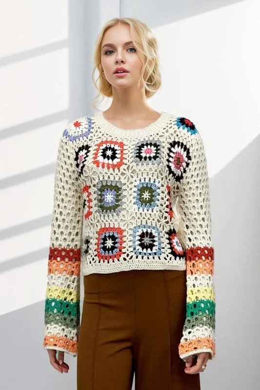 Bohemian Floral Crochet Striped Sleeve Cropped Knit Sweater