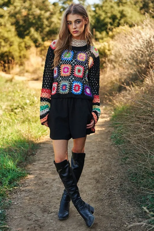 Bohemian Floral Crochet Striped Sleeve Cropped Knit Sweater