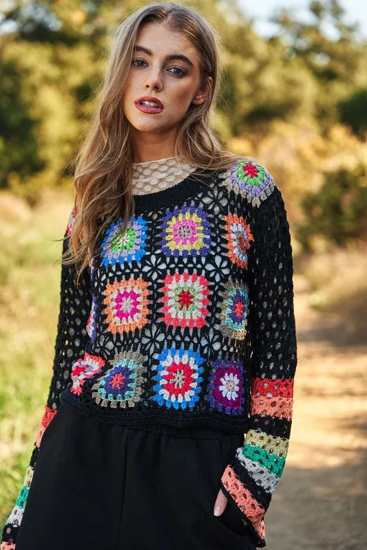 Bohemian Floral Crochet Striped Sleeve Cropped Knit Sweater