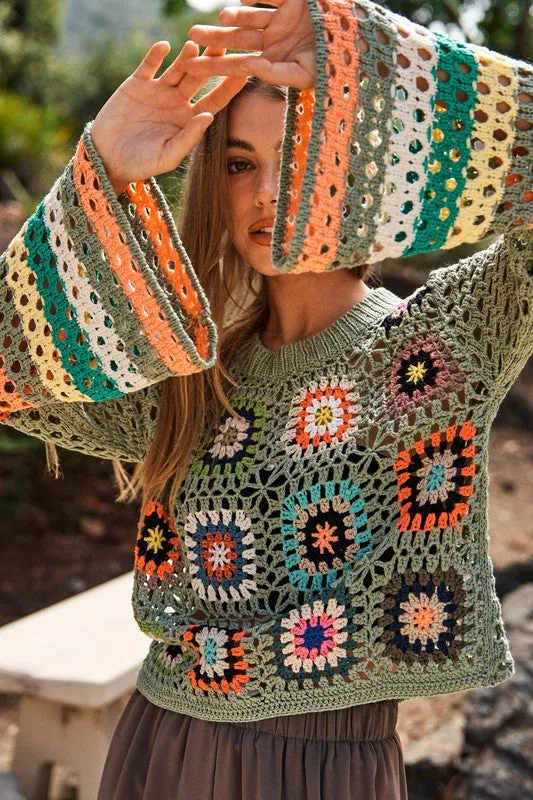 Bohemian Floral Crochet Striped Sleeve Cropped Knit Sweater