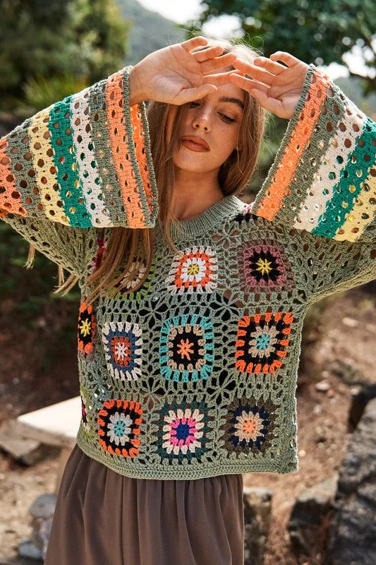 Bohemian Floral Crochet Striped Sleeve Cropped Knit Sweater