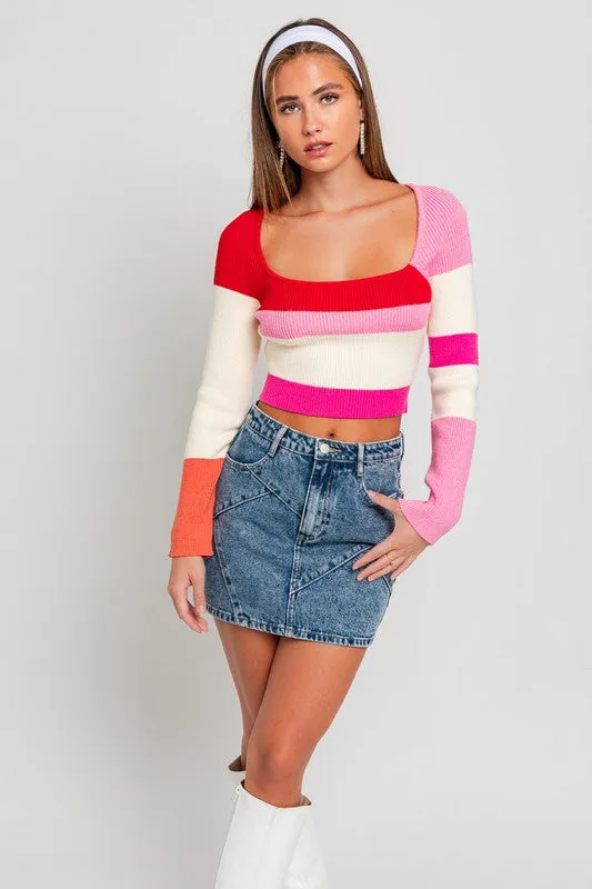 Bohemian Long Sleeve Color Block Stripe Knit Top