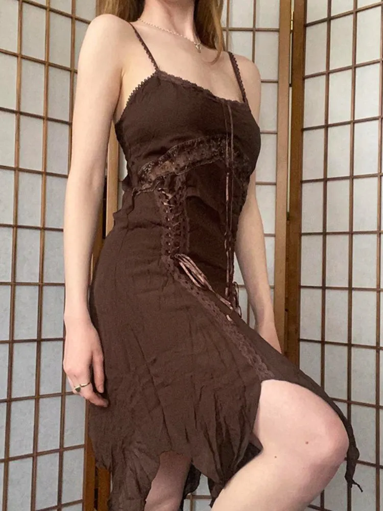 Brown Lace Spliced Halter Sleeveless Dress