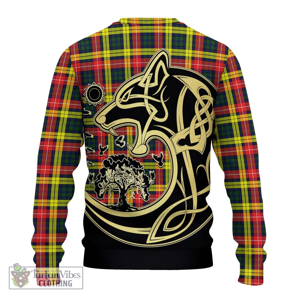 Buchanan Modern Tartan Ugly Sweater with Family Crest Celtic Wolf Style