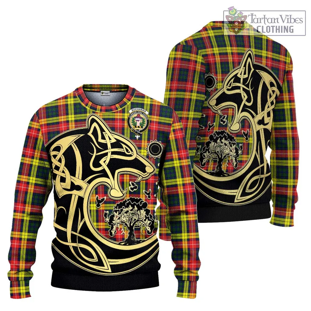 Buchanan Modern Tartan Ugly Sweater with Family Crest Celtic Wolf Style