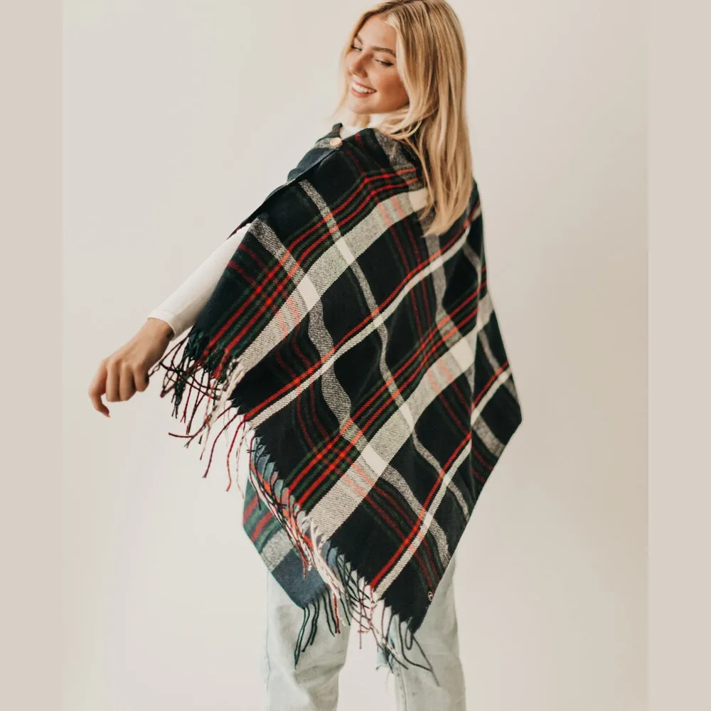 Button Plaid Shawl Scarf