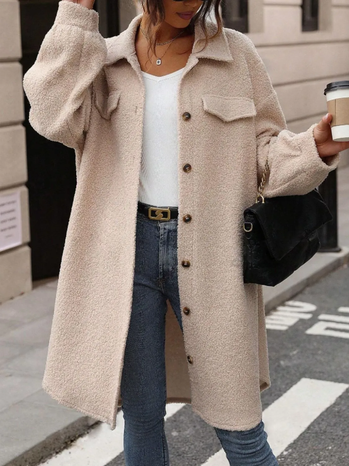 Button Up Drop Shoulder Sherpa Coat | Winter Coat | Cozy Weather