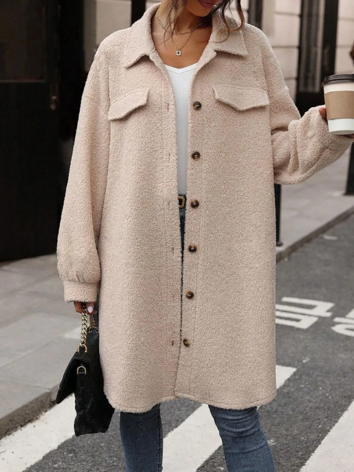 Button Up Drop Shoulder Sherpa Coat | Winter Coat | Cozy Weather