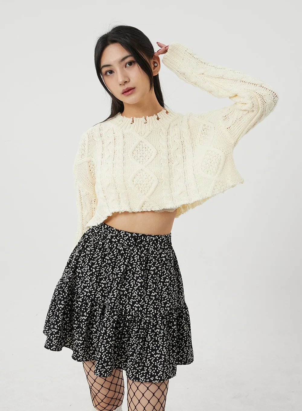 Cable Knit Ripped Cropped Sweater BJ320