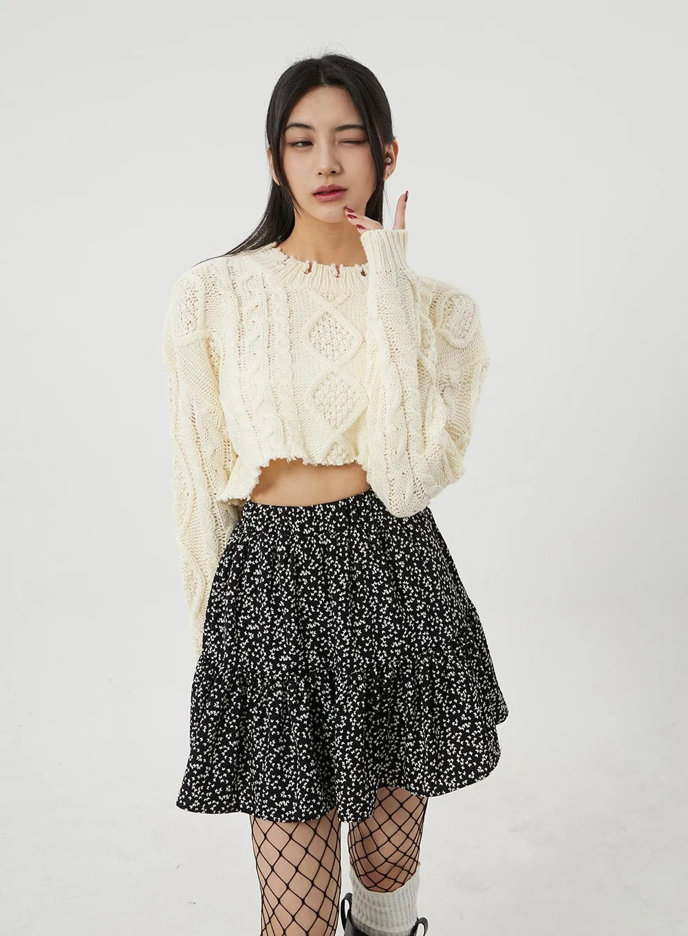 Cable Knit Ripped Cropped Sweater BJ320