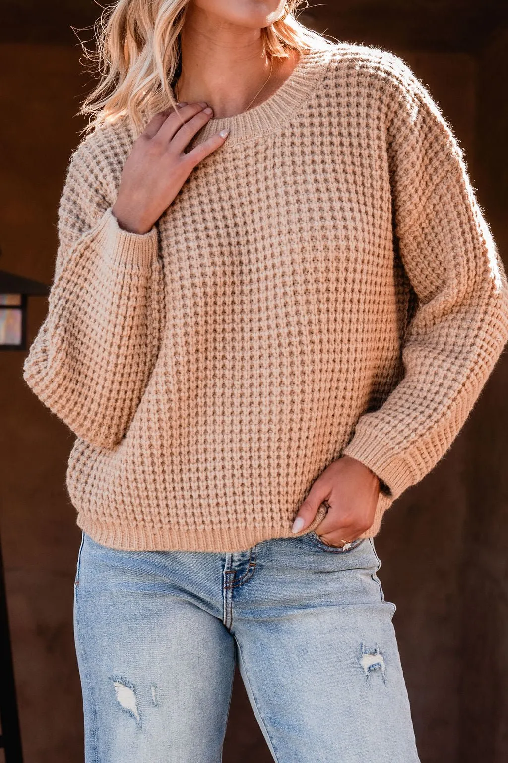 Camel Ribbed Waffle Knit Sweater