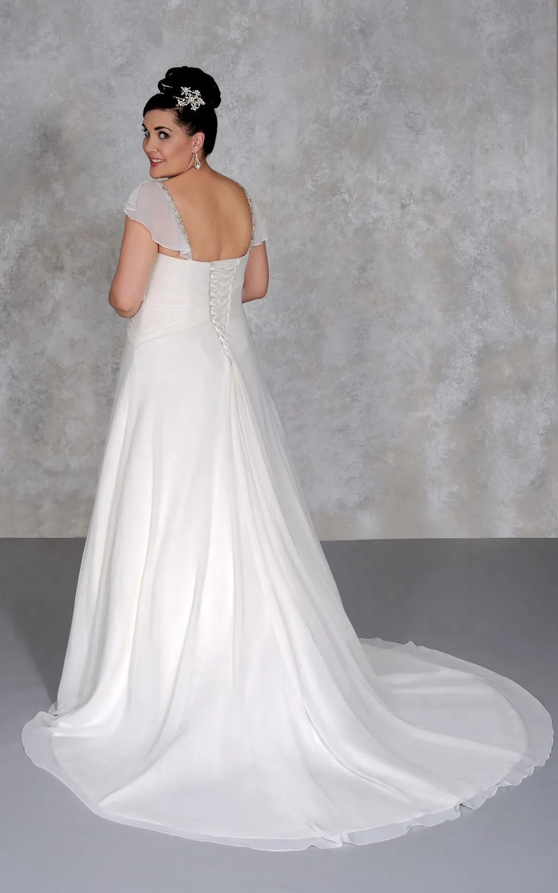 Cap-sleeve A-line Empire long plus size wedding dress With Beading And Court Train-708477