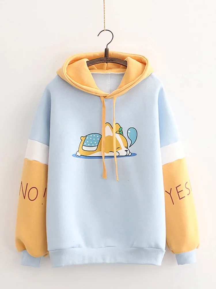 Cartoon Dog Print Fleece Women Hoodies And Sweatshirts Long Sleeve Hooded Tracksuits Pullover Female Tops Winter Clothes