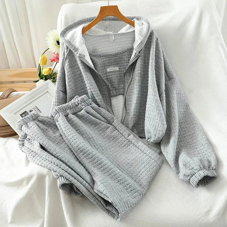 Casual Hooded Zipper Sweatshirt Short Vest Pants Set