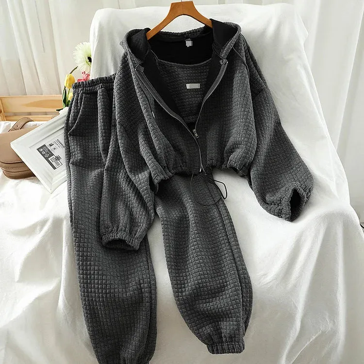 Casual Hooded Zipper Sweatshirt Short Vest Pants Set