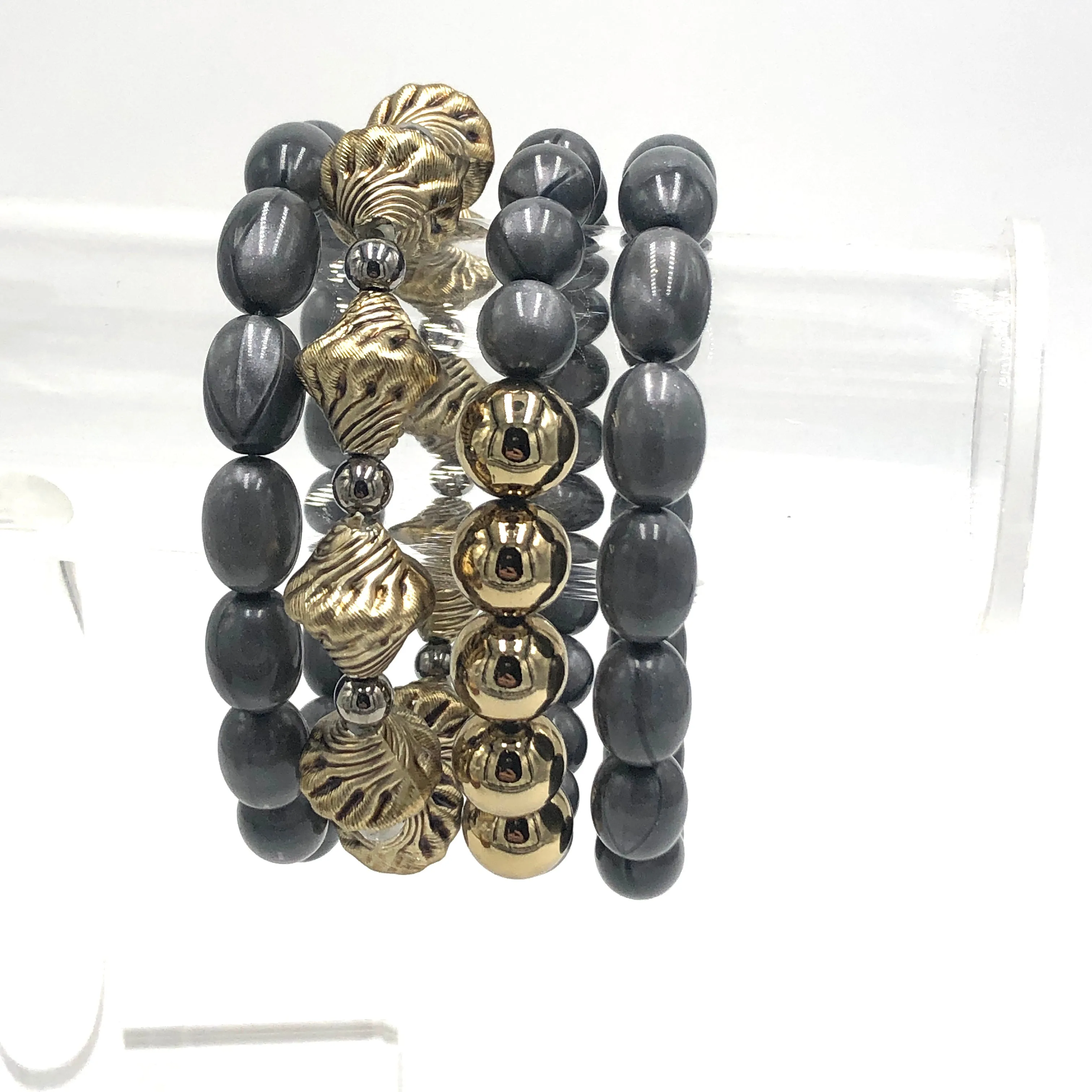 Charcoal Aura & Pewter Stack and Stretch Bracelets Set