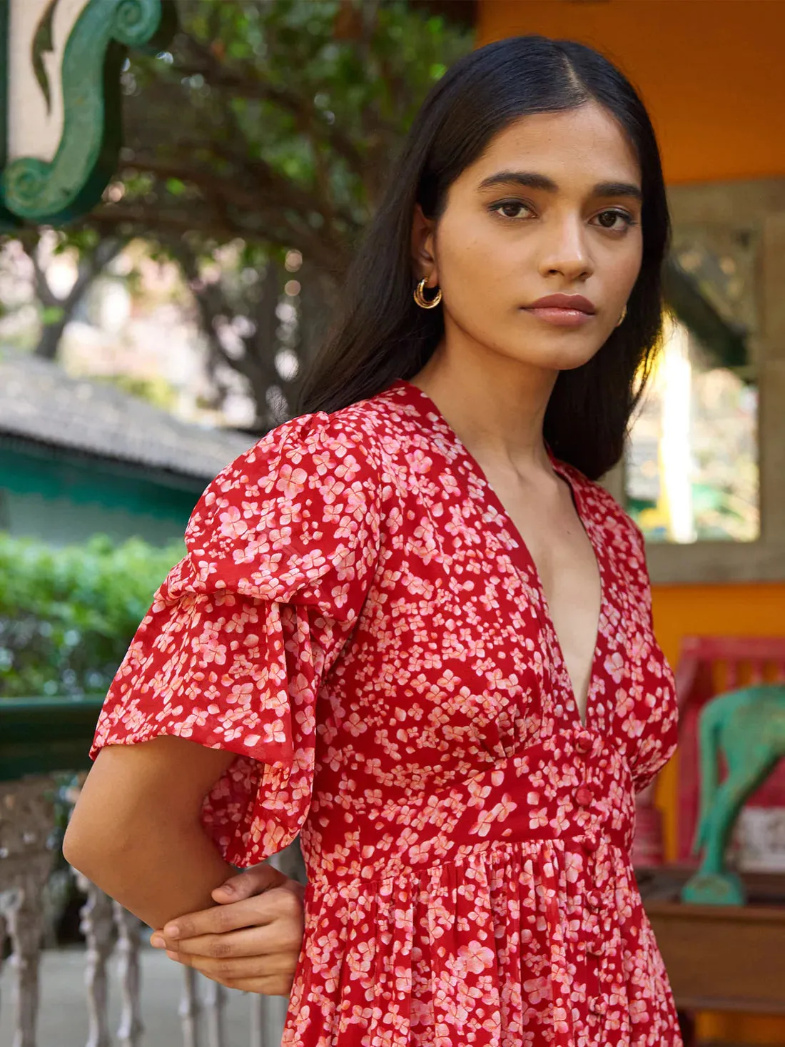 Classic V-neck Women's Red Printed dress