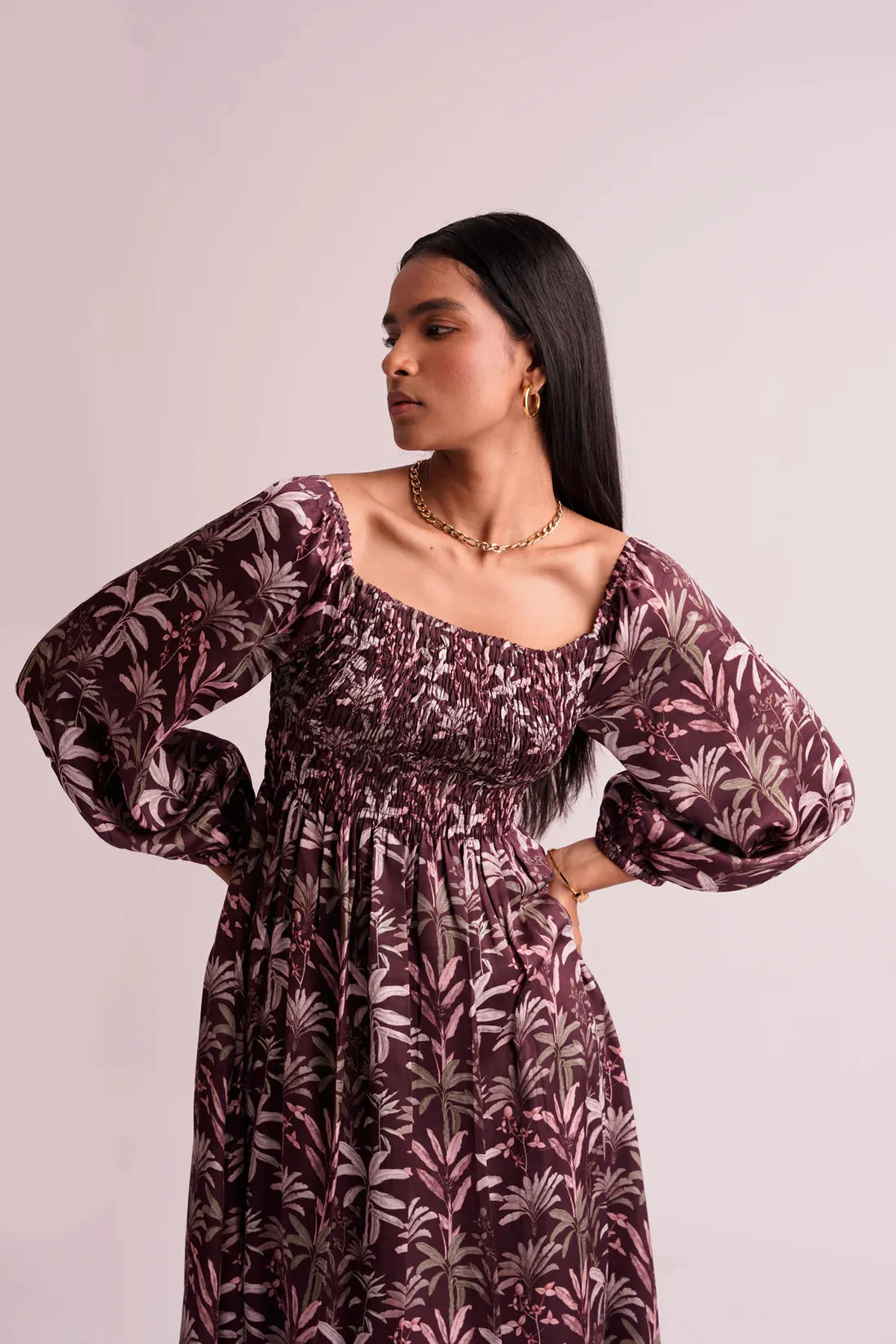 Comfortable Printed Purple Midi Dress