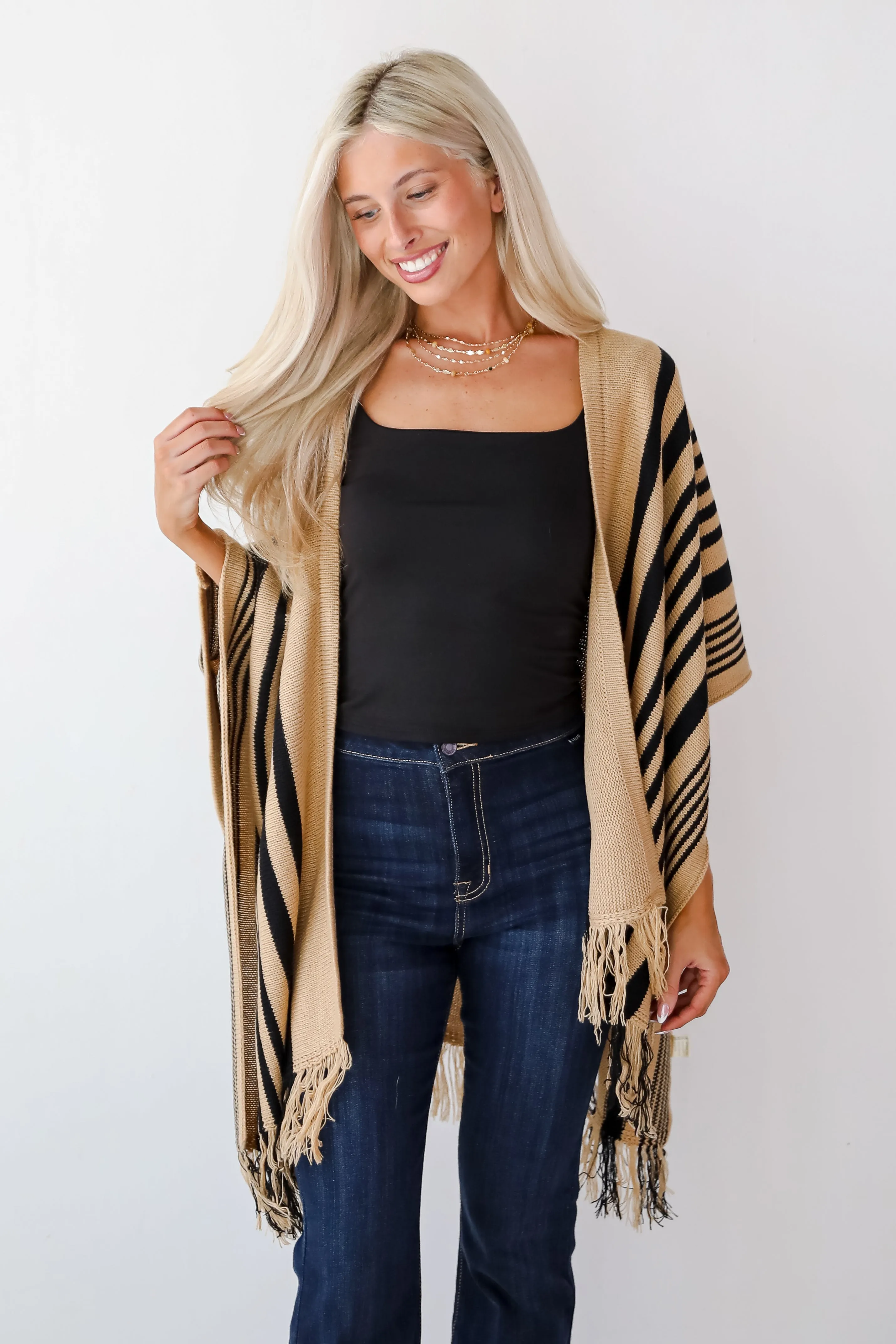 Comfy Concept Beige Striped Fringe Kimono - DOORBUSTER