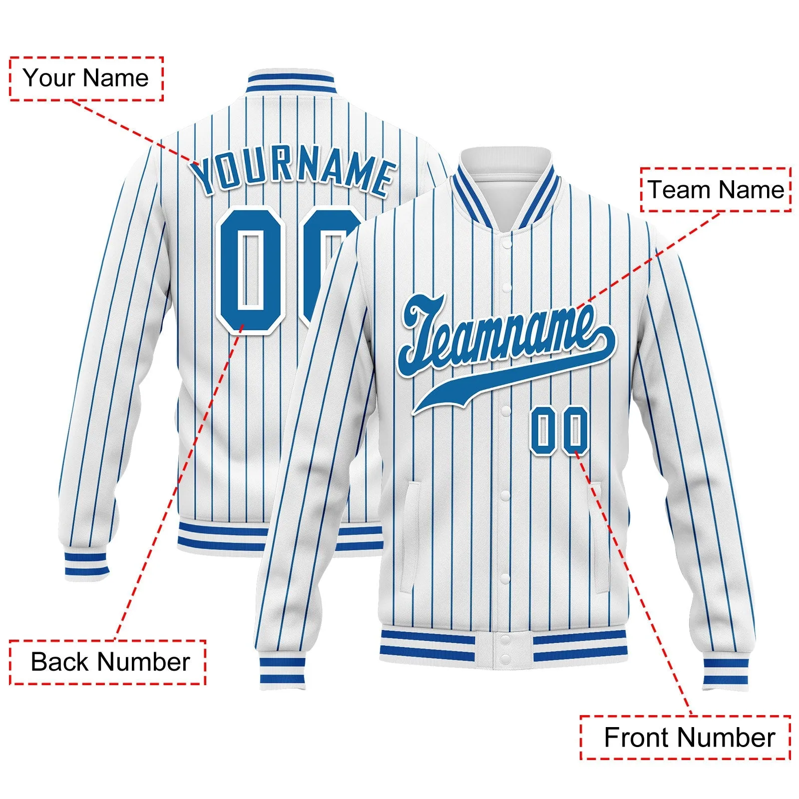 Custom Blue White Stripe Fashion Jacket Bomber Full-Snap Varsity Letterman Personalized Jacket FZ005-D020219-19