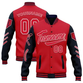 Custom Navy Red Raglan Sleeves Jacket Bomber Full-Snap Varsity Letterman Personalized Jacket FZ005-D023002-1