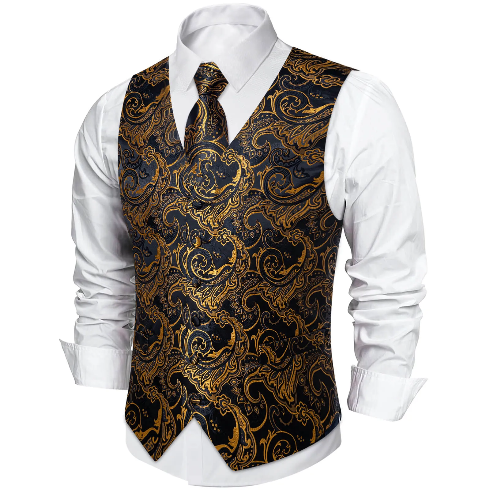 DiBanGu Men's Vest Black Gold Jacquard Floral Silk Vest Necktie Set