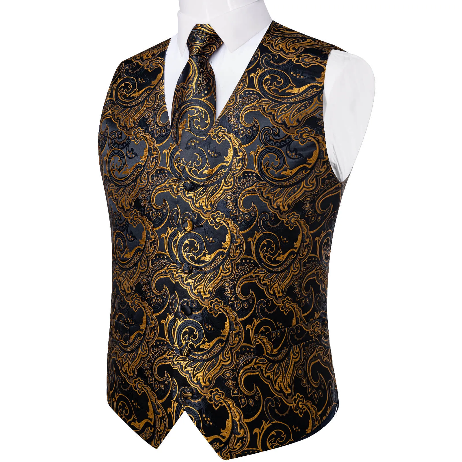 DiBanGu Men's Vest Black Gold Jacquard Floral Silk Vest Necktie Set