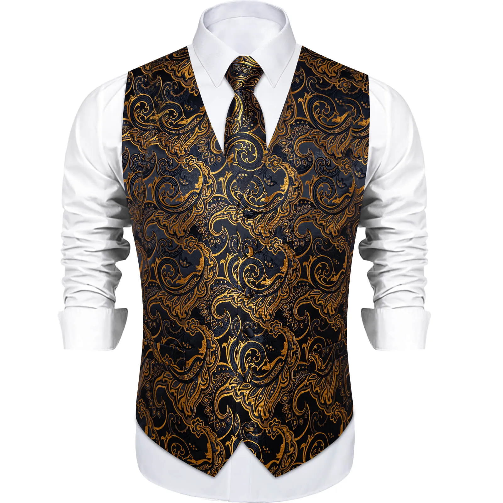 DiBanGu Men's Vest Black Gold Jacquard Floral Silk Vest Necktie Set