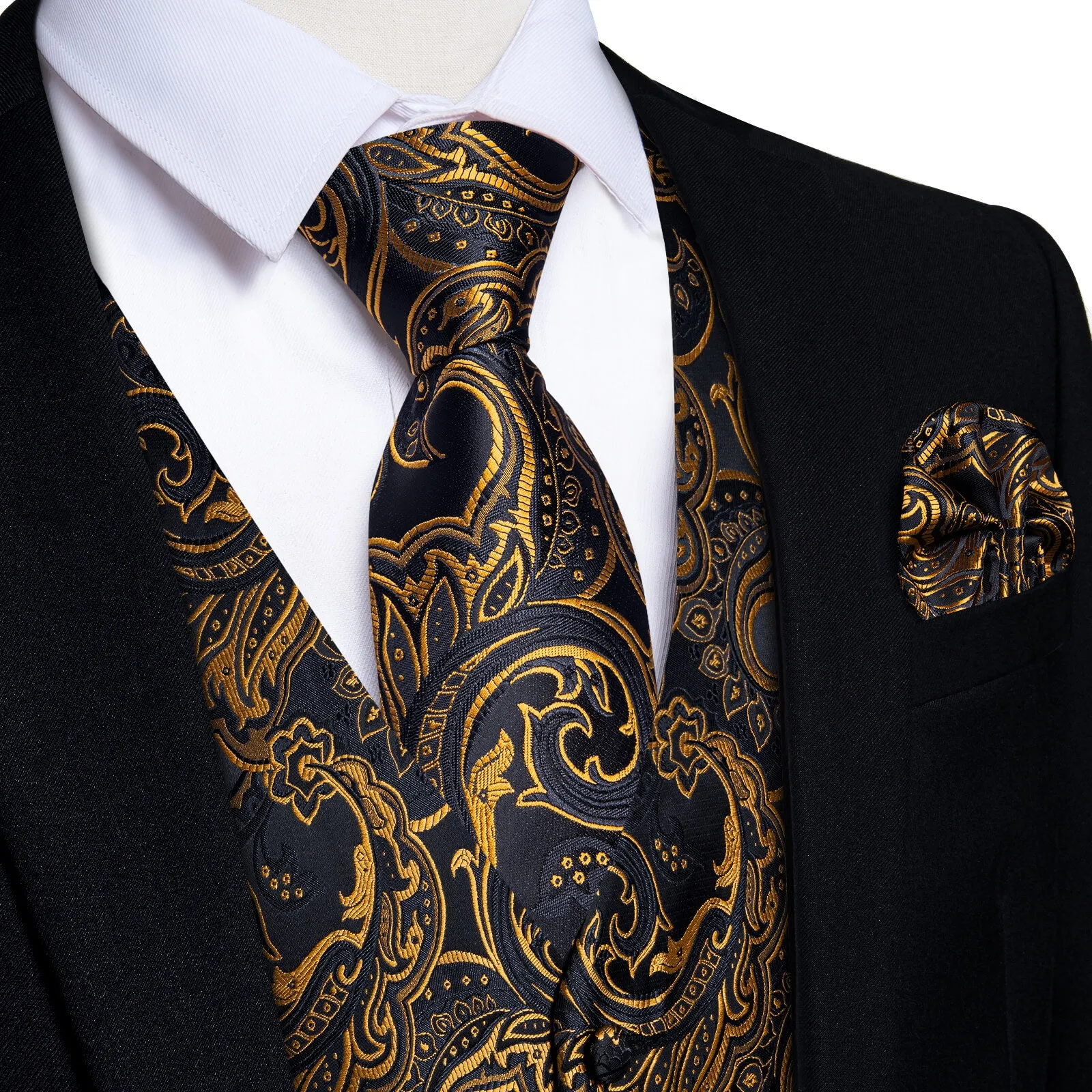 DiBanGu Men's Vest Black Gold Jacquard Floral Silk Vest Necktie Set