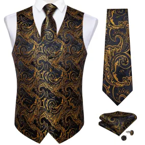 DiBanGu Men's Vest Black Gold Jacquard Floral Silk Vest Necktie Set