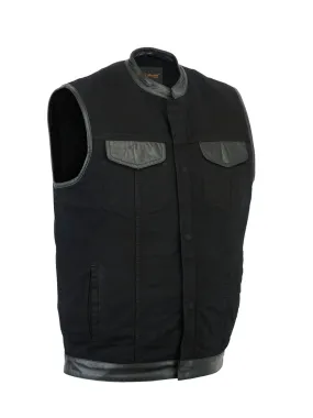 DM992 Men's Black Denim Vest Leather Trim with Collar