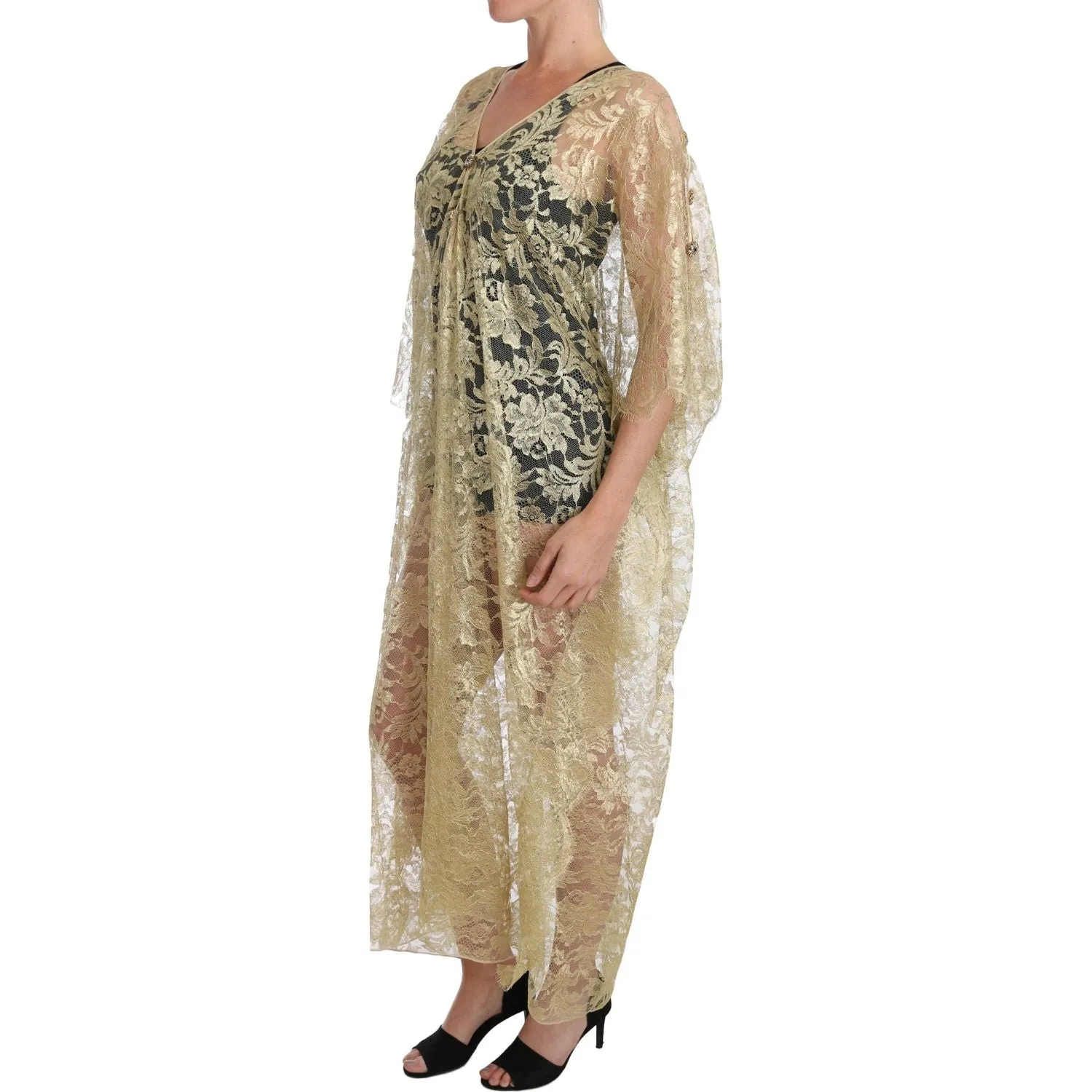 Dolce & Gabbana Golden Floral Lace Kaftan Sundress