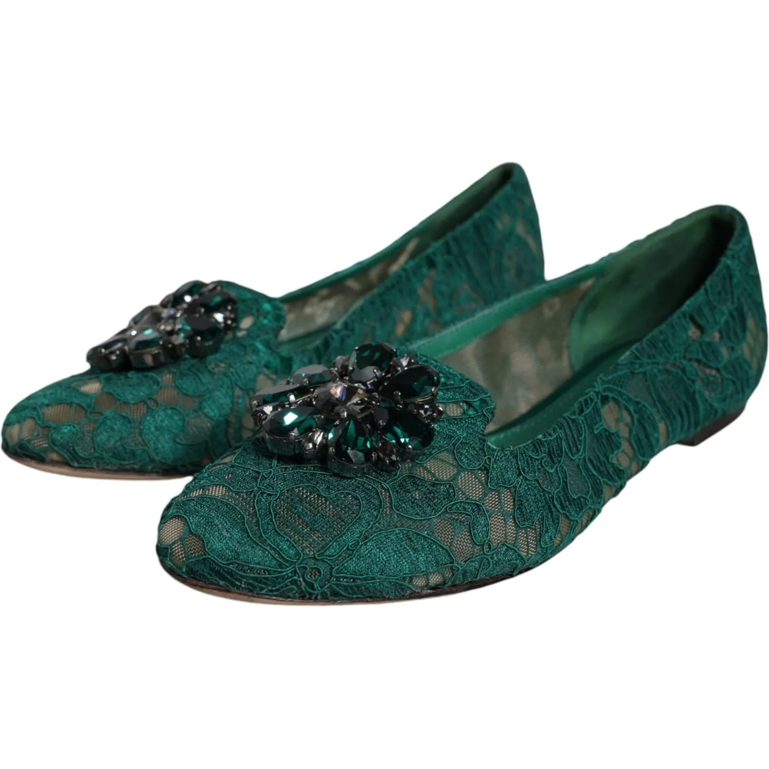 Dolce & Gabbana Green Lace Crystal Ballet Flats Loafers Shoes