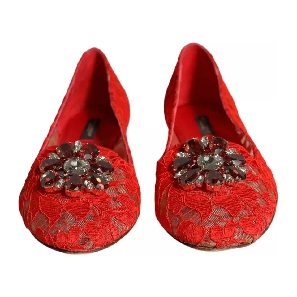 Dolce & Gabbana Red Lace Crystal Ballet Flats Loafers Shoes