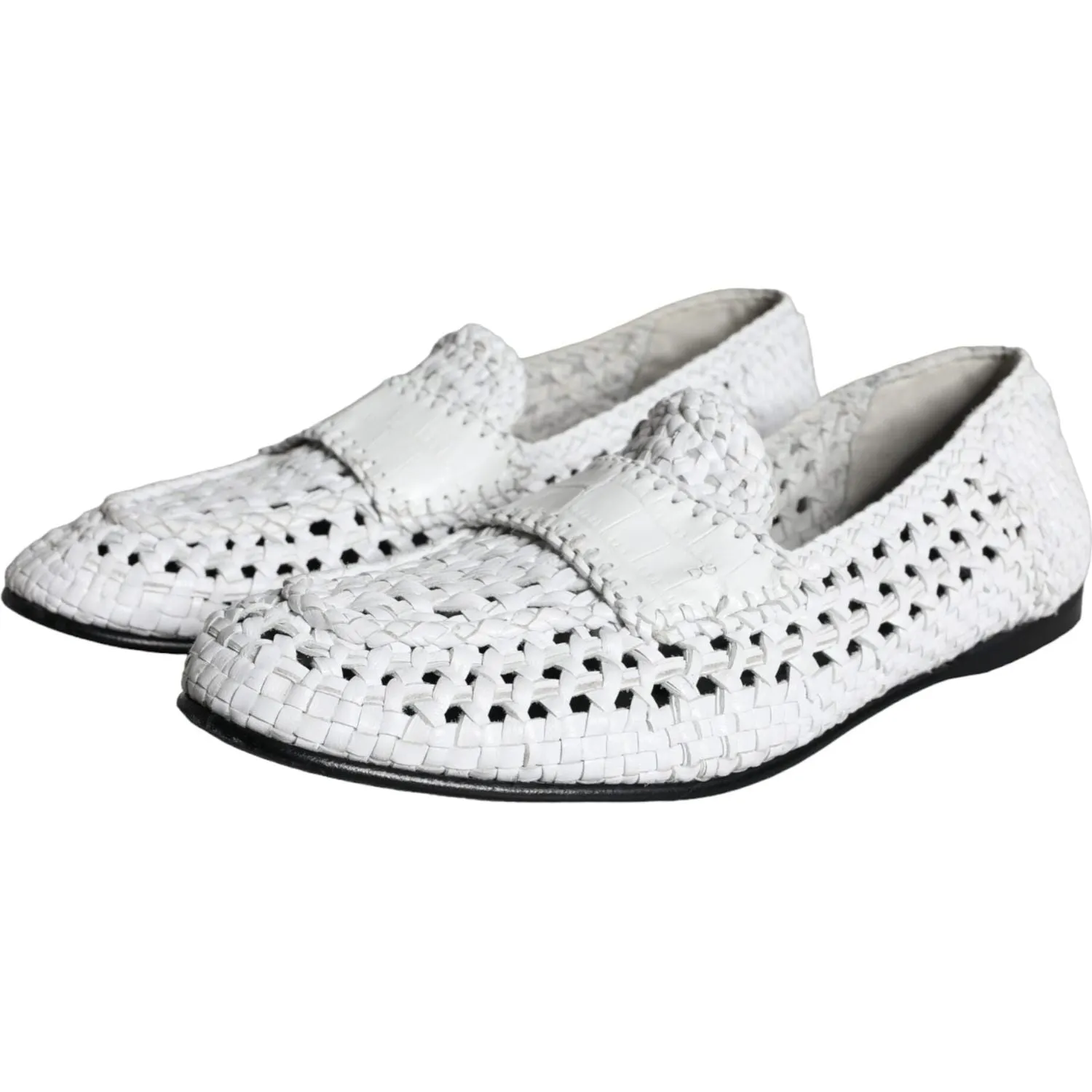 Dolce & Gabbana White Woven Leather Slip On Loafers Men Shoes