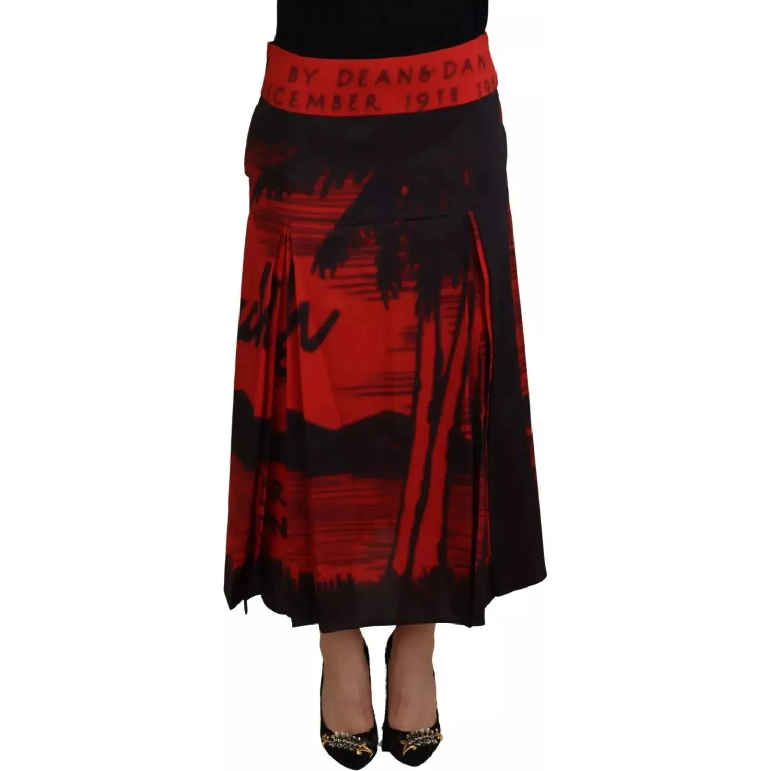 Dsquared² Red Printed High Waist A-line Pleated Midi Skirt