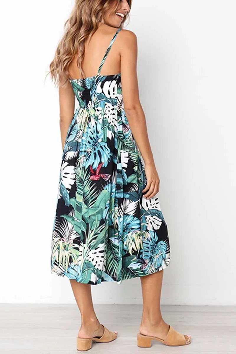 Dunnmall Leaf Print Sexy Camisole Dress ( 2 colors)