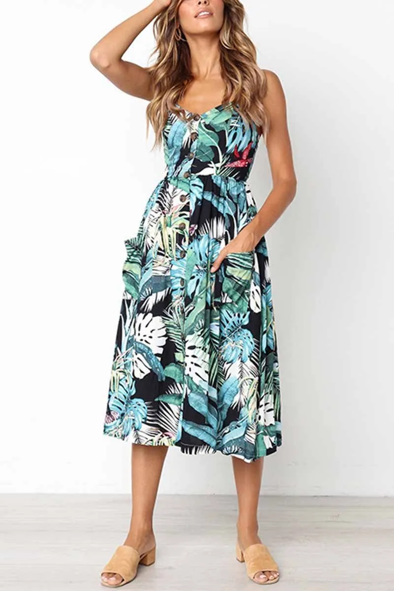 Dunnmall Leaf Print Sexy Camisole Dress ( 2 colors)